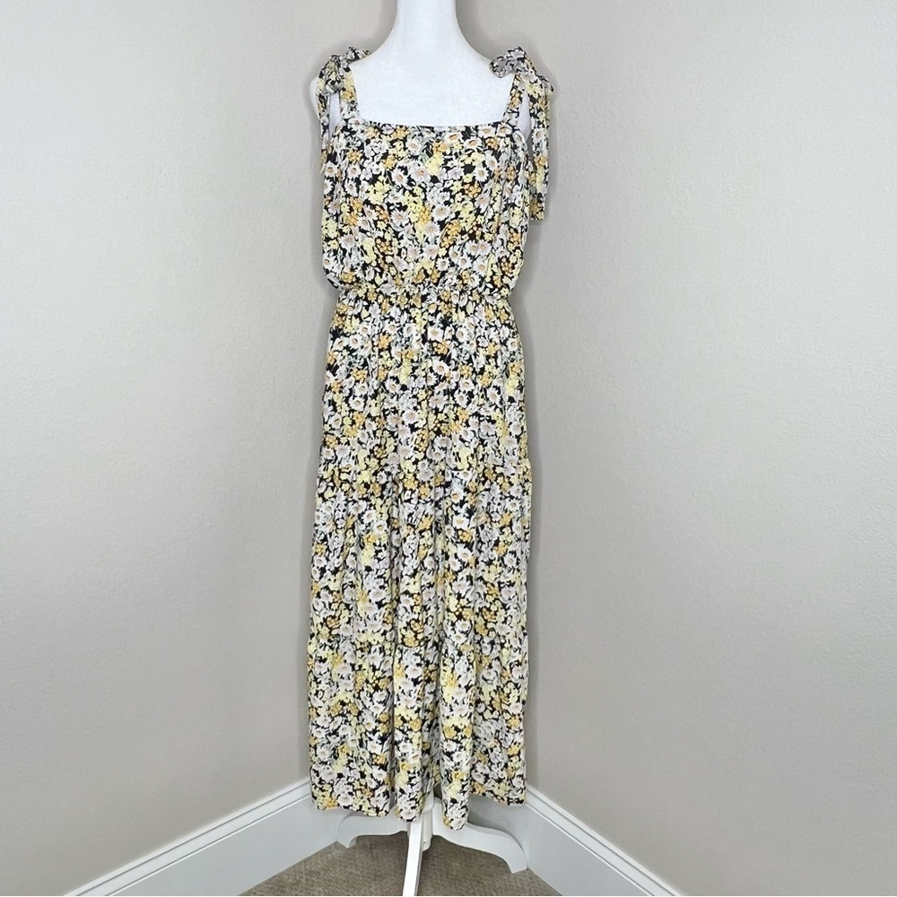 Social Standard by Sanctuary Black Yellow Floral Shoulder Tie Smocked Midi Dress - Picture 4 of 13